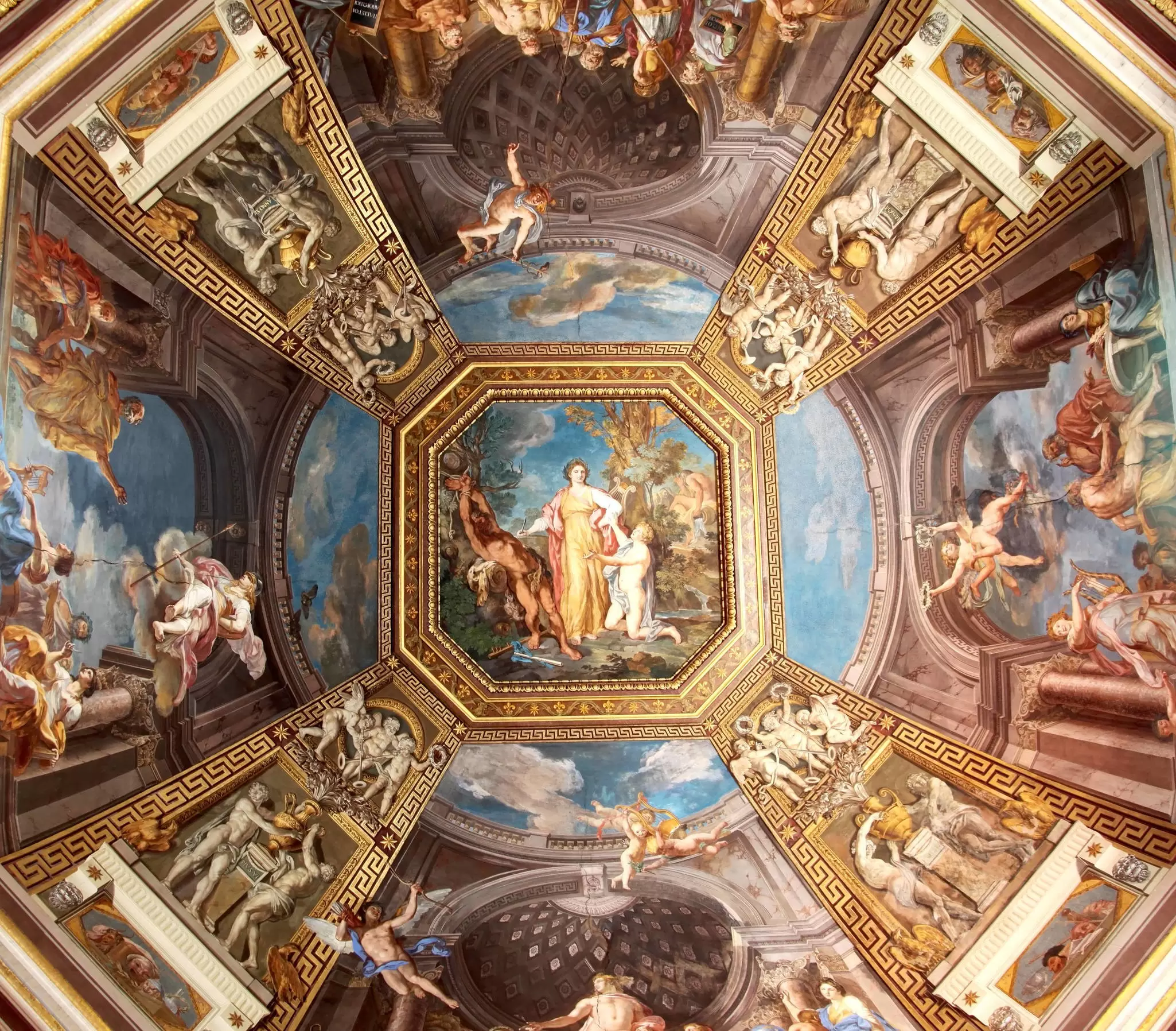 The painted ceiling in the Hall of the Muses inside the Vatican Museums in Vatican City, Rome, Italy.