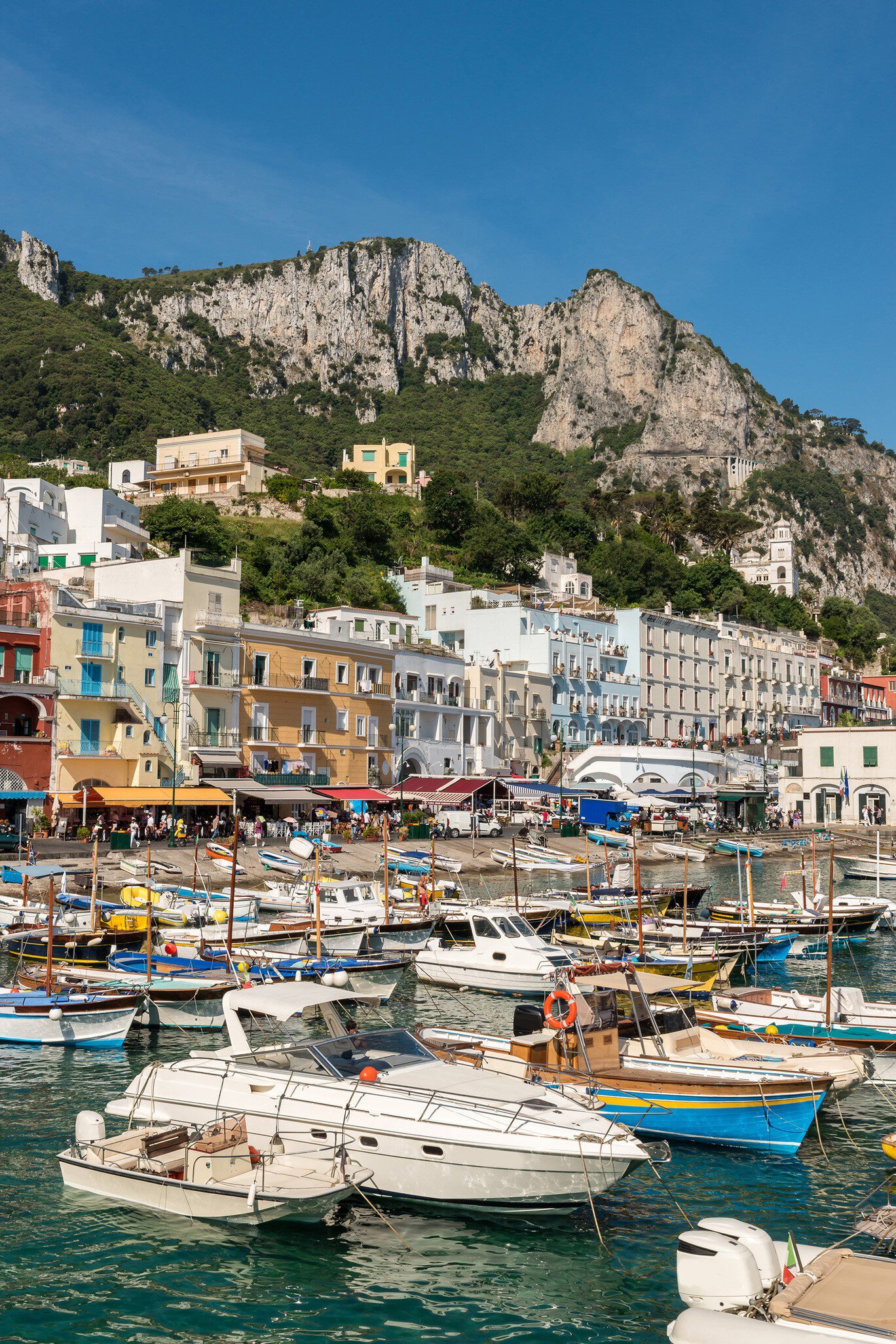The main port of the Capri island is Marina Grande, full of tour boats.