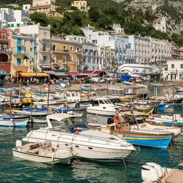 The main port of the Capri island is Marina Grande, full of tour boats.