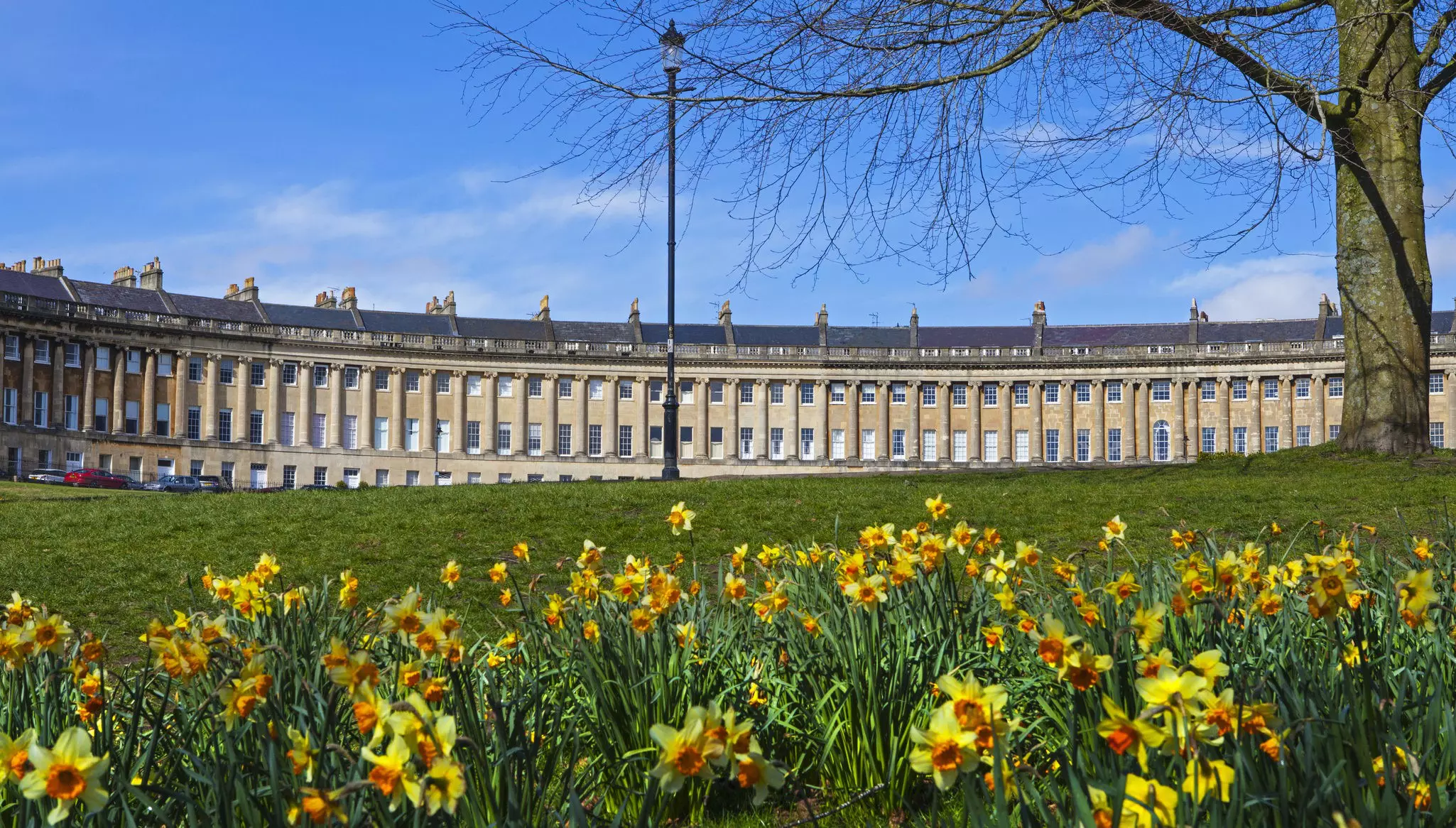 A springtime view of the beautiful Royal Cresecent in Bath, Somerset.