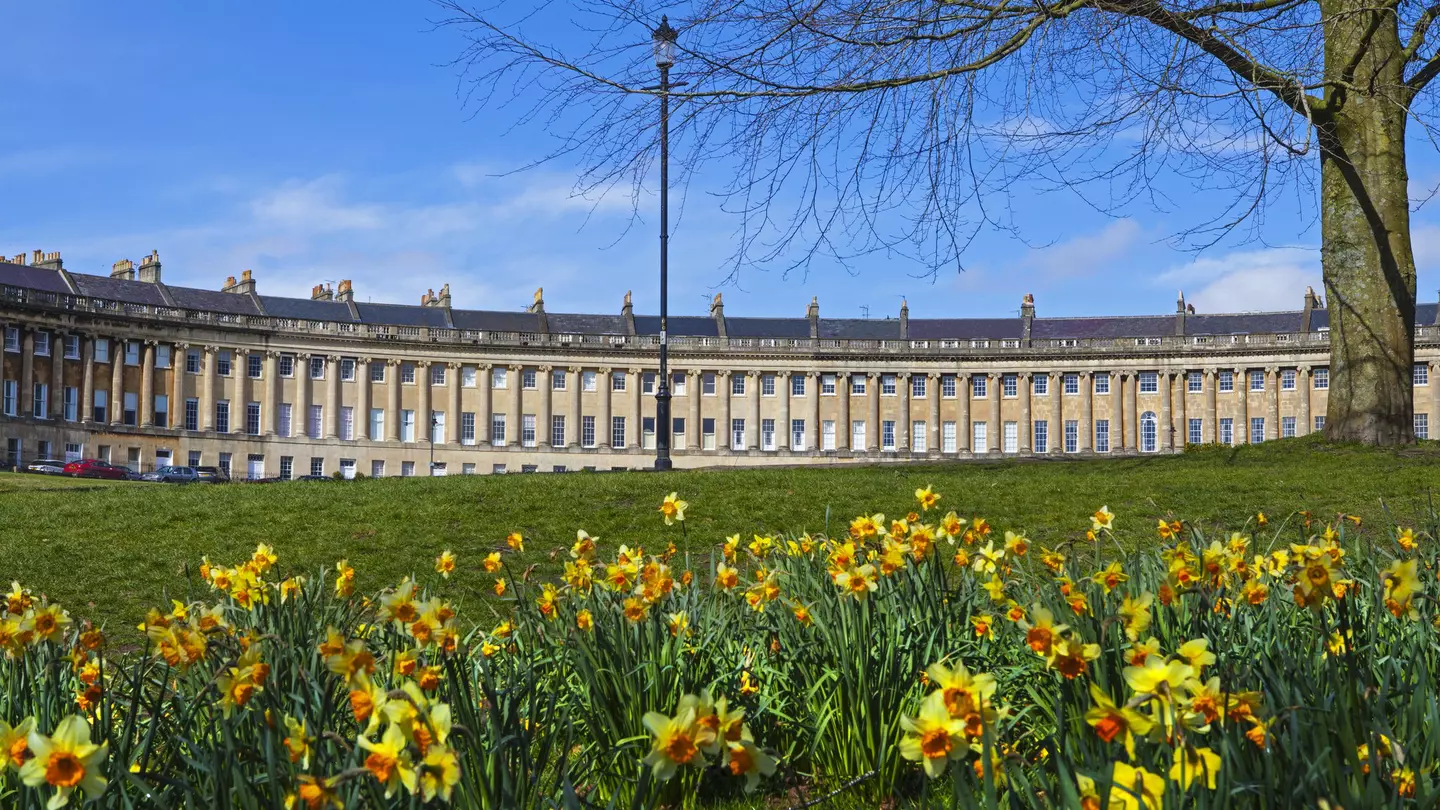 A springtime view of the beautiful Royal Cresecent in Bath, Somerset.