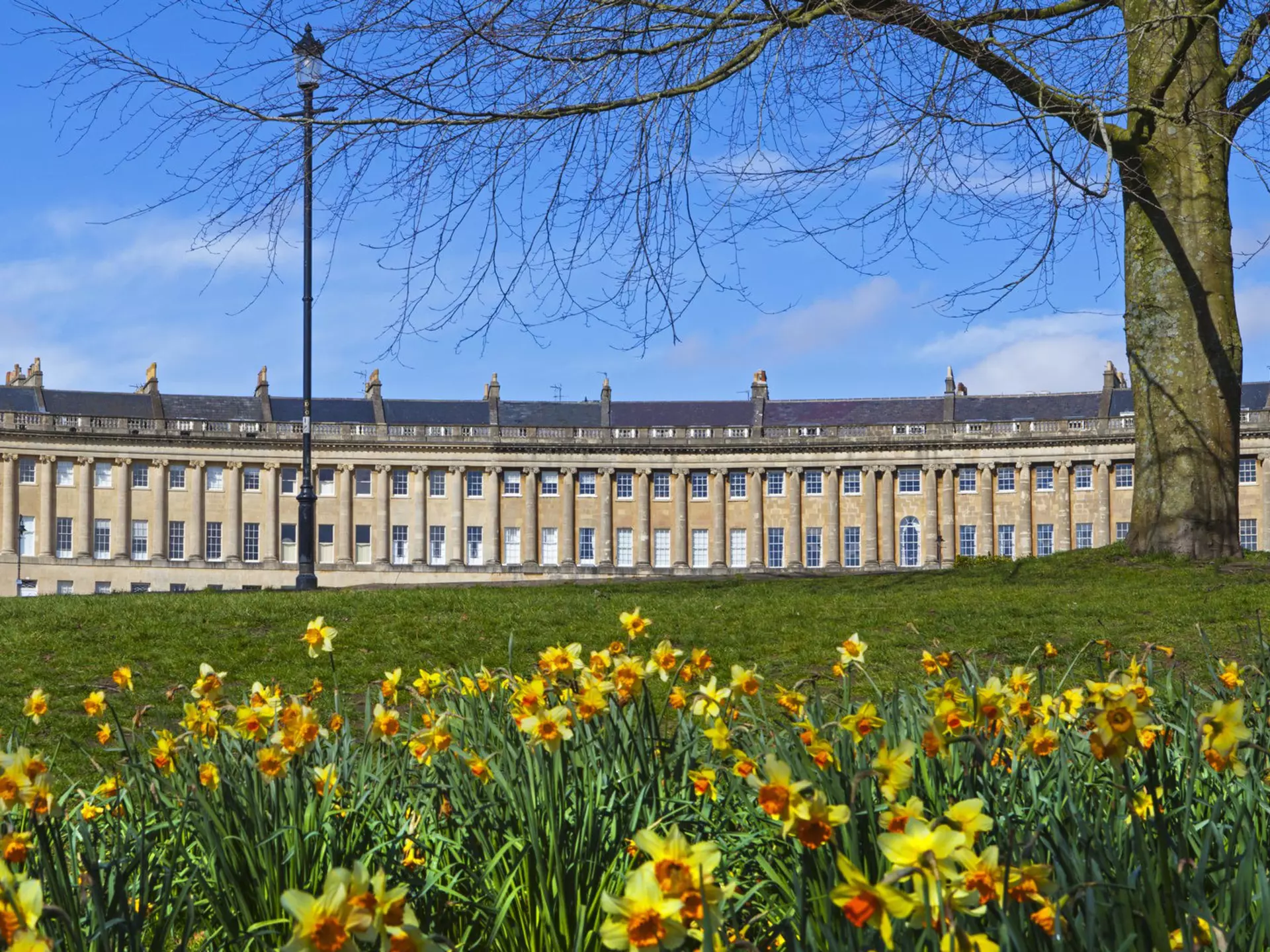 A springtime view of the beautiful Royal Cresecent in Bath, Somerset.