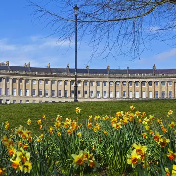 A springtime view of the beautiful Royal Cresecent in Bath, Somerset.