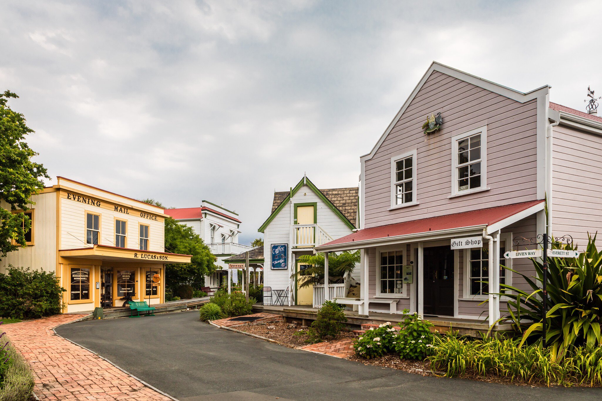 Nelson, New Zealand - 22 December 2019: Relocated building of the 'Evening Mail Office, R. Lucas & Son' (left side) and other heritage buildings at Founders Park, Nelson., License Type: media, Download Time: 2026-03-09T07:50:09.000Z, User: LP_YKhanna, Editorial: true, purchase_order: 65050 - Digital Destinations and Articles, job: LP, client: App Content, other: Yuvraj Khanna