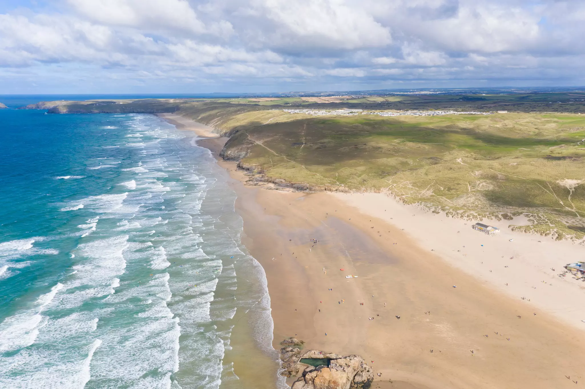 Aerial photograph of Perranporth Beach nr Newquay, Cornwall, England.