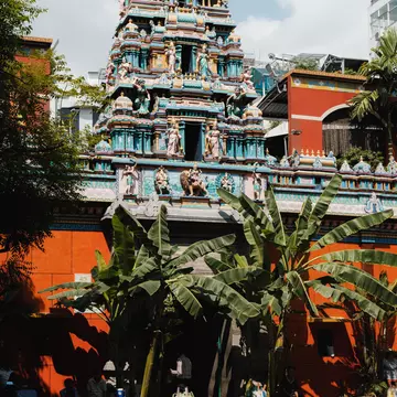 Exterior of the Mariamman Hindu Temple on a sunny day in Ho Chi Minh City, Vietnam.