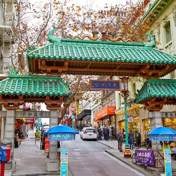 San Francisco, California, USA - December 15, 2018: Dragon Gate south entrance to Chinatown in San Francisco, California, USA.