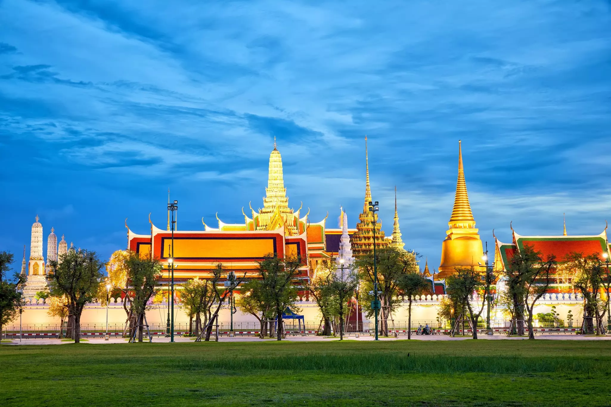 Wat Phra Kaew viewed from Sanam Luang park in Bangkok, Thailand.