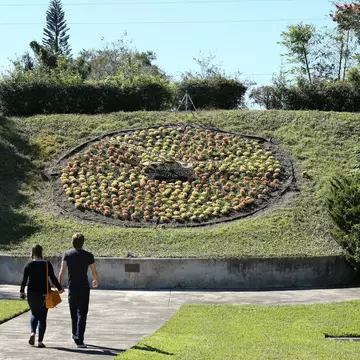 ORLANDO, FL, USA - OCTOBER 29: Visitors admire the larger than life living floral clock at Harry P. Leu Gardens, a destination garden with over 40 diverse plant collections as seen on October 29, 2017
