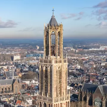 Aerial view of the Domtoren, an old clock tower in the city center of Utrecht, the Netherlands.