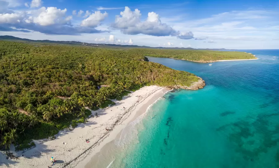 Aerial view of a sandy coastline with the ocean to the right and forest to the left and in the distance on a sunny day.