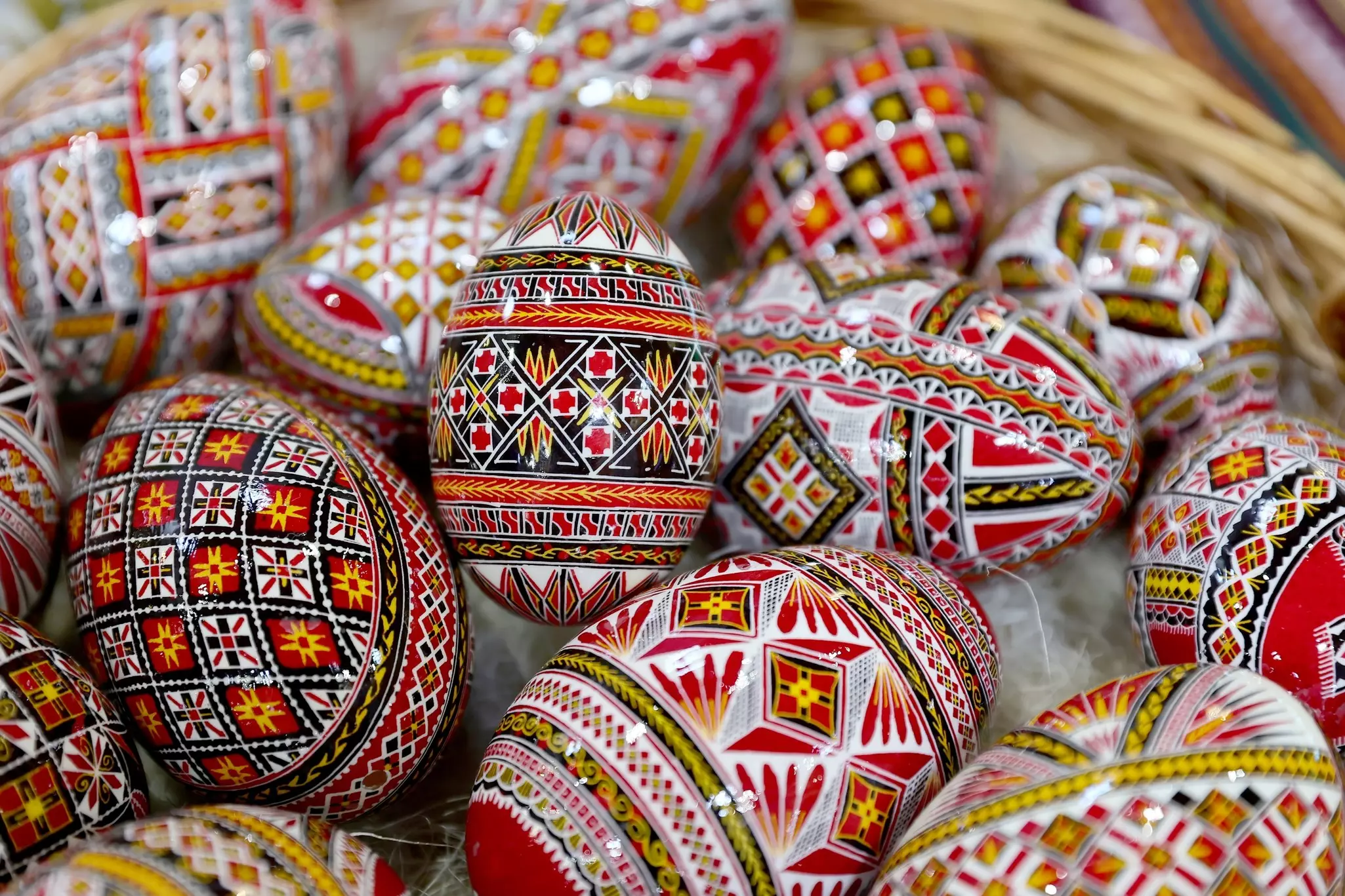 Traditional hand-painted Easter eggs at a fair in Romania.