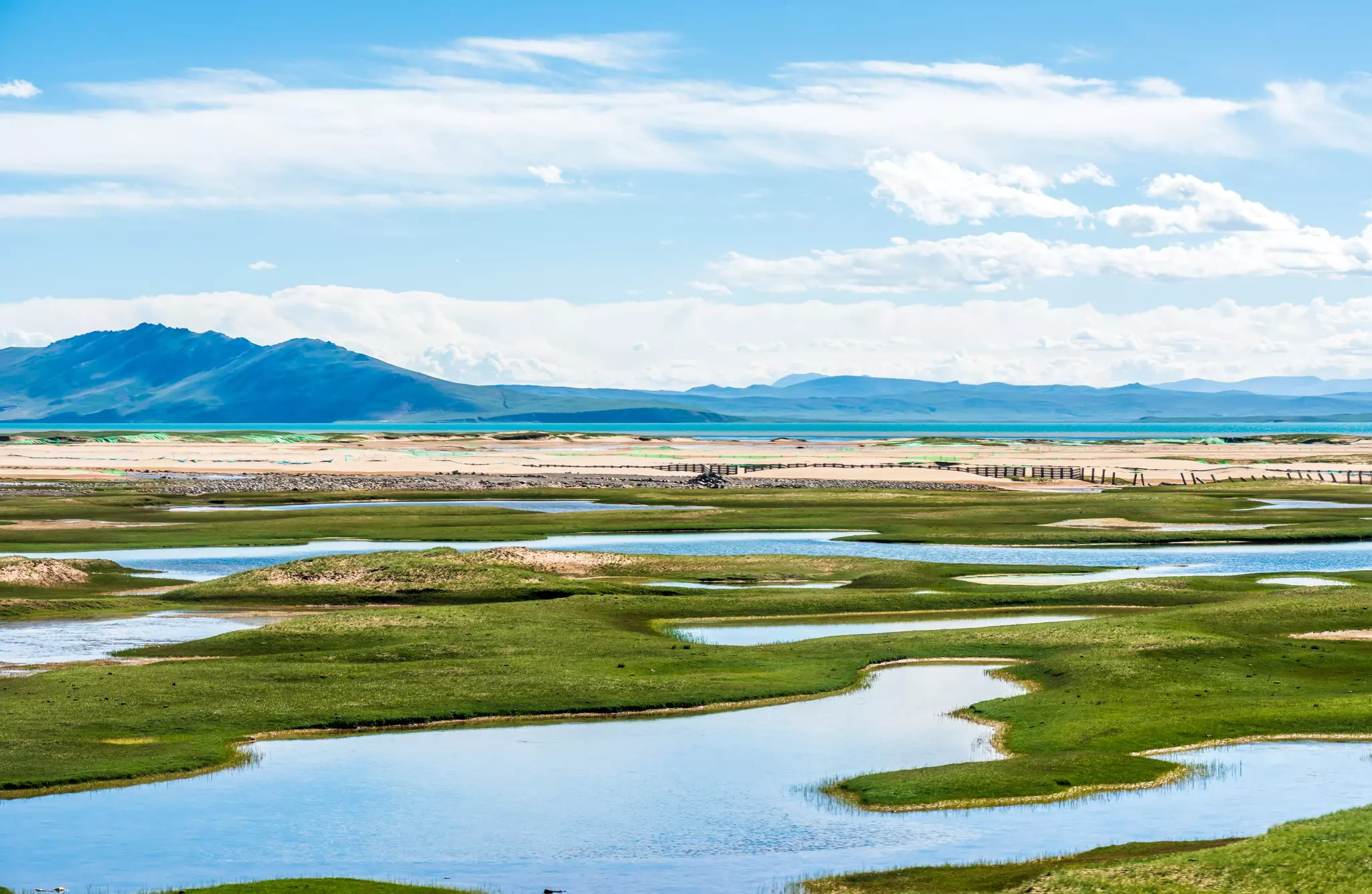 A panoramic view of wetlands with grass and patches of sand, with hills rising in the distance.