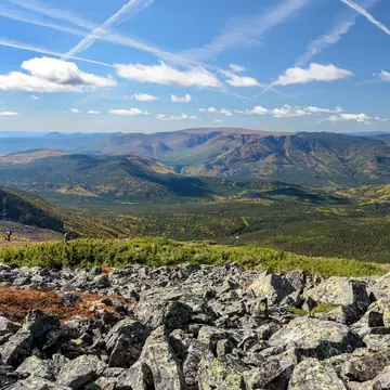 Panoramic view of the hiking trails crossing green valleys on a sunny day in Gaspésie National Park in Quebec, Canada.