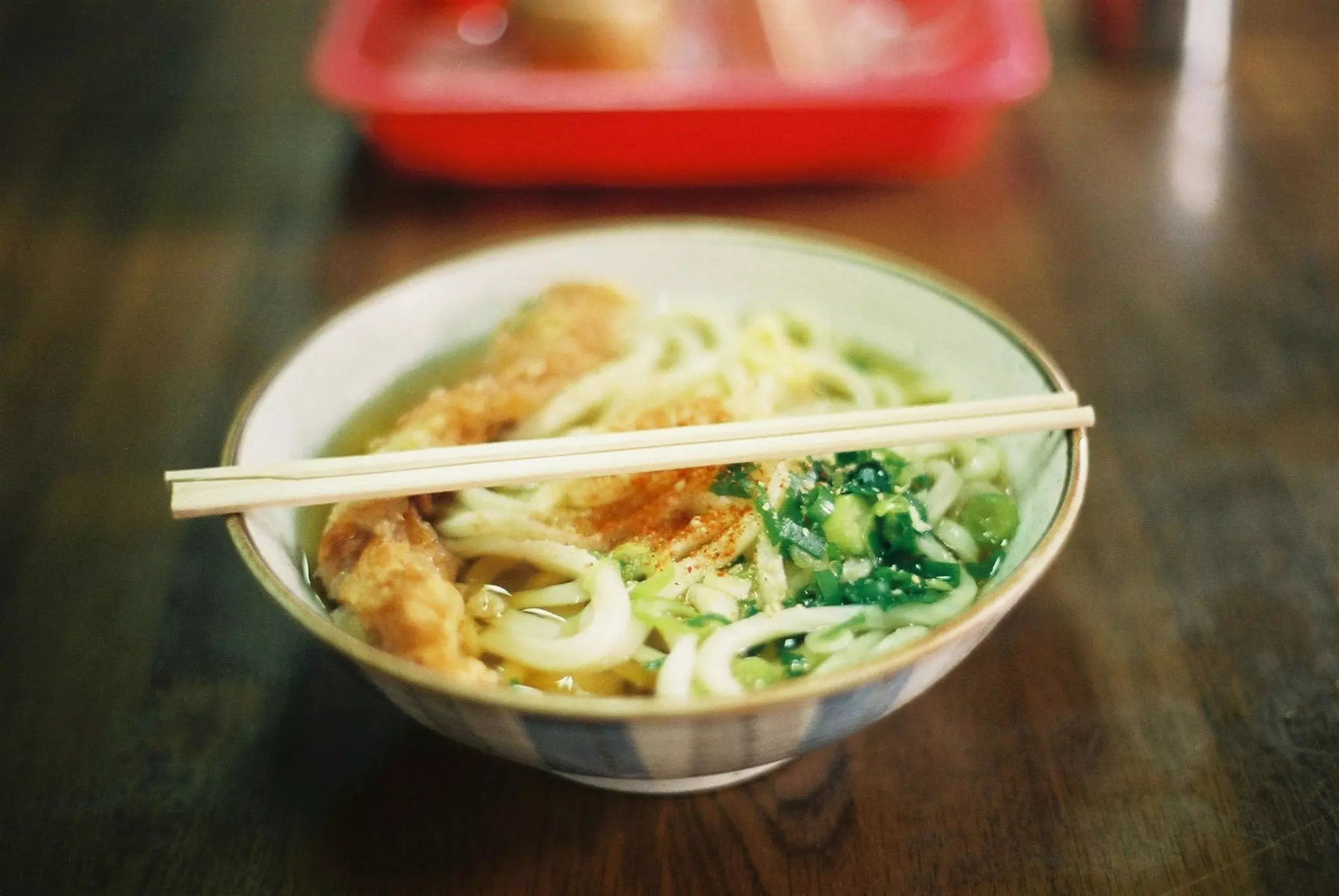 A bowl of sanuki udon noodles with chopsticks resting on top