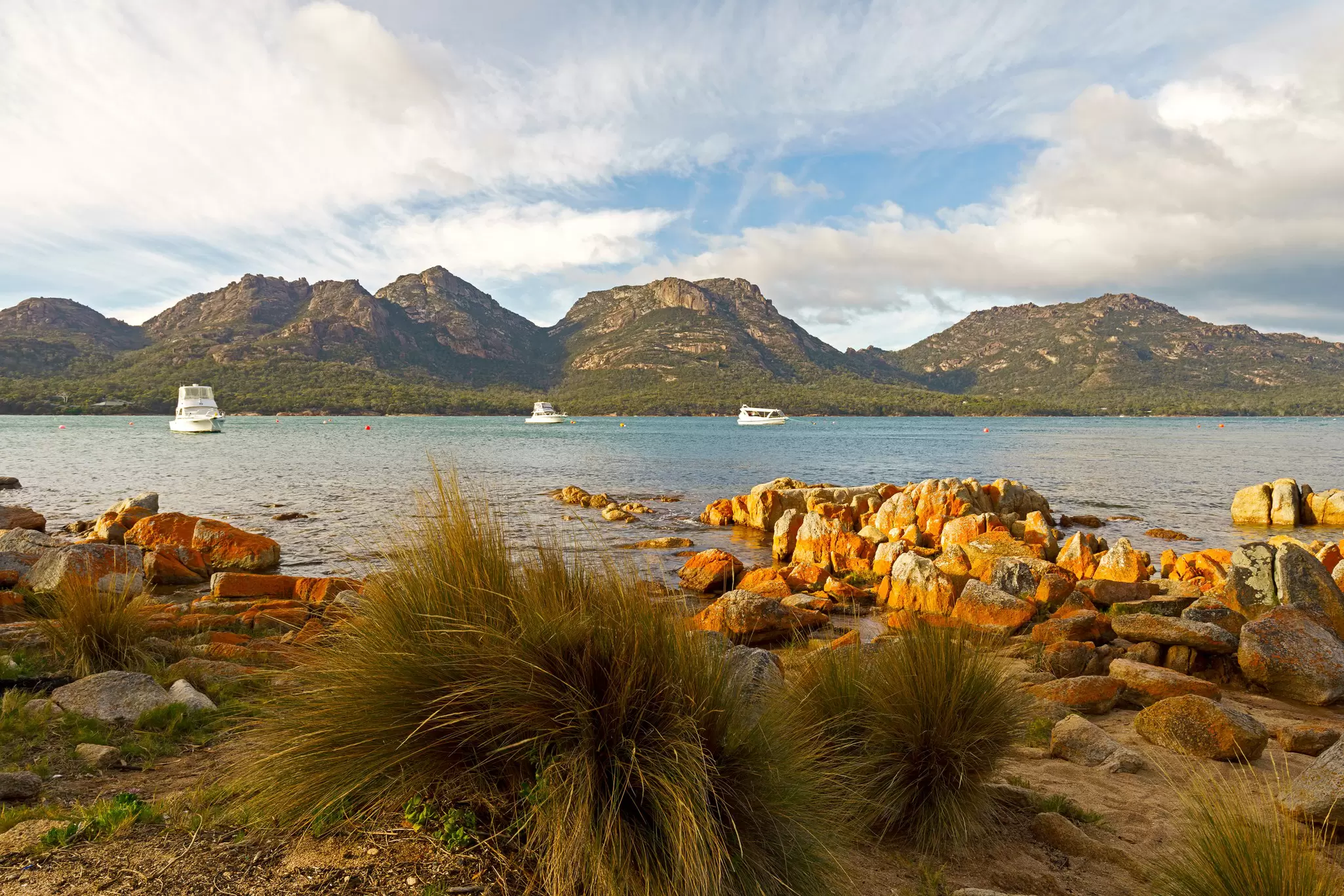 View of the beach at Coles Bay in Freycinet National Park, Tasmania.