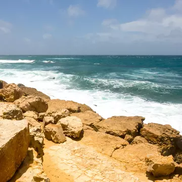 Rocky rugged limestone Atlantic coastline at Half Moon Bay