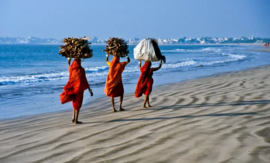 Three women in red saris carrying firewood and bundles on their heads along a rippled sand beach, Diu, India