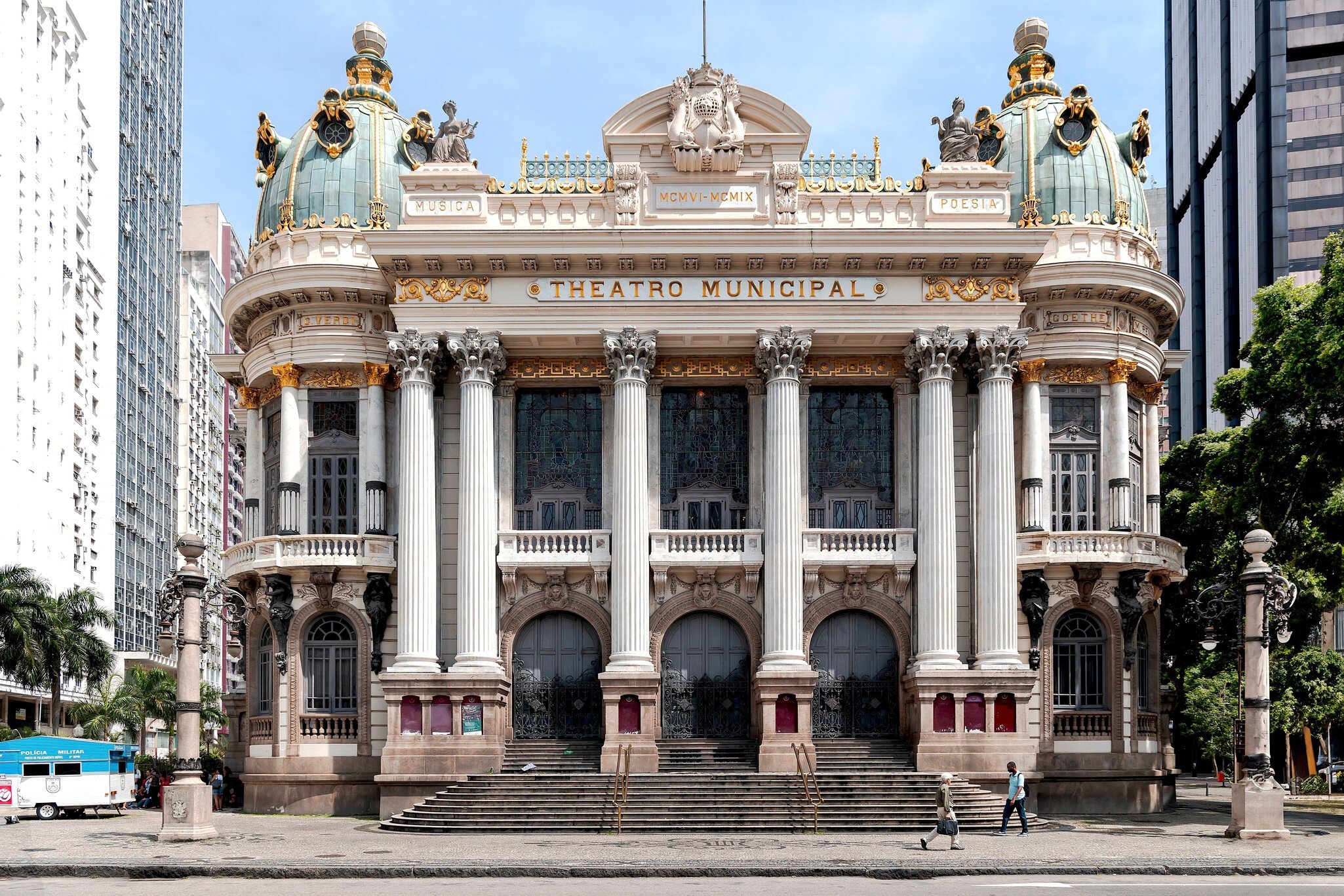 BRAZIL, RIO DE JANEIRO, NOVEMBER 26, 2023:  Architecture in Art Nouveau style of Theatro Municipal an opera house in the Centro district of Rio de Janeiro, Brazil, License Type: media, Download Time: 2025-02-02T23:15:41.000Z, User: Ppeterson948, Editorial: true, purchase_order: 56530 - Guidebooks, job: Global Publishing WIP, client: Global Publishing WIP, other: Pia Peterson Haggarty