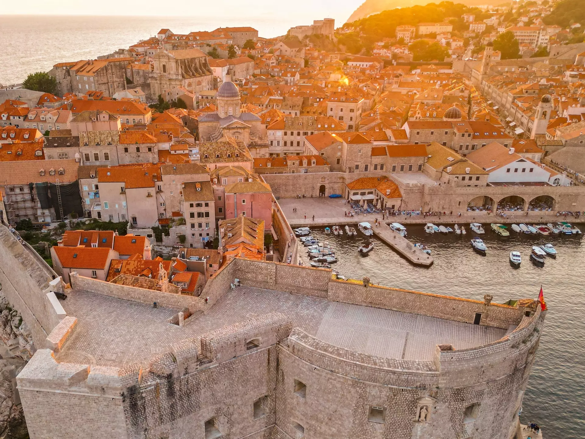 Sunset over the city walls in Dubrovnik, Croatia