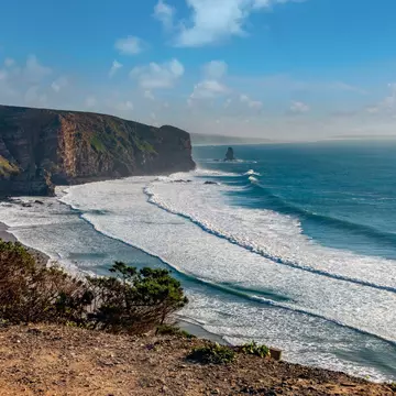 Stunning view of Arrifana beach (Praia da Arrifana), Aljezur,  Vicentine Coast Natural Park, Aljezur, Algarve, Portugal.