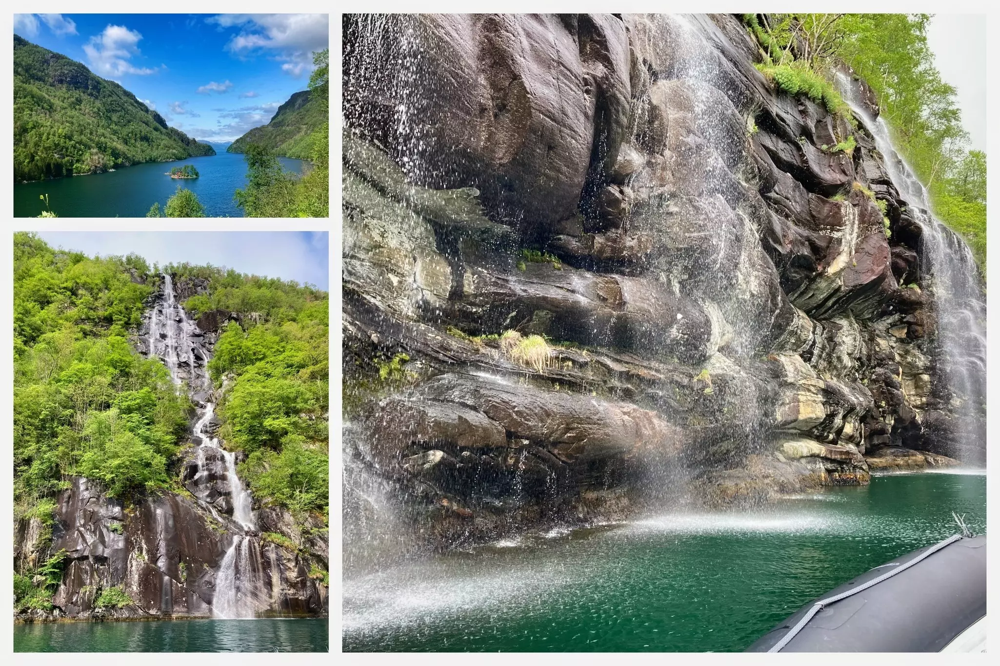 Clockwise from L-R The tiny hamlet of Botnen; Kerry's RIB ride gets up-close to the waterfalls of Hardangerfjord; a Hardangerfjord waterfall in full view © Kerry Walker
