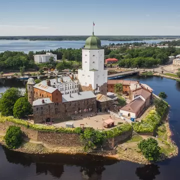 Aerial view of Vyborg castle. Medieval Swedish stronghold set on an island; Shutterstock ID 1988847053;