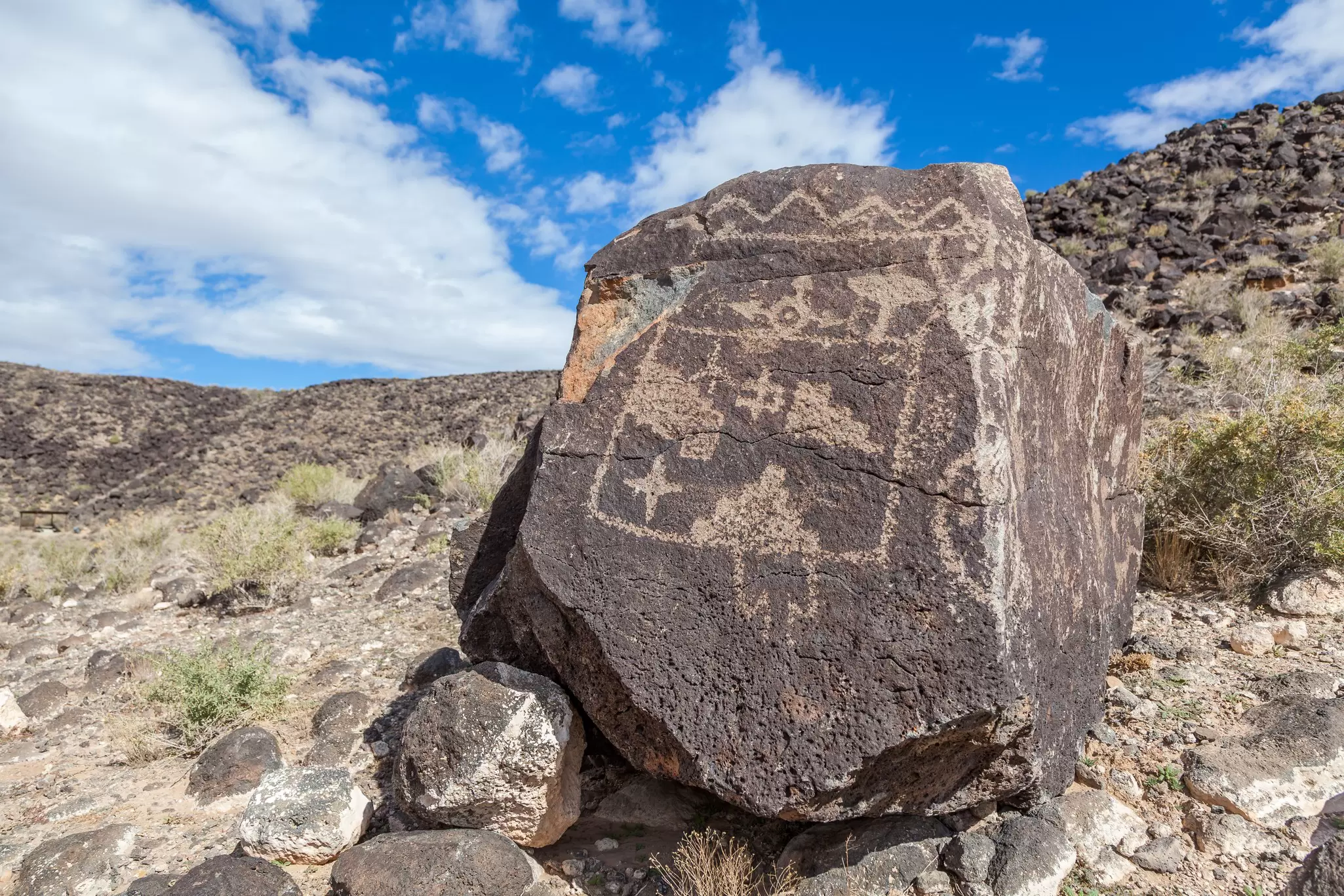 Petroglyphs and prehistoric carvings at Boca Negra Petroglyph National Monument, Albuquerque, New Mexico.