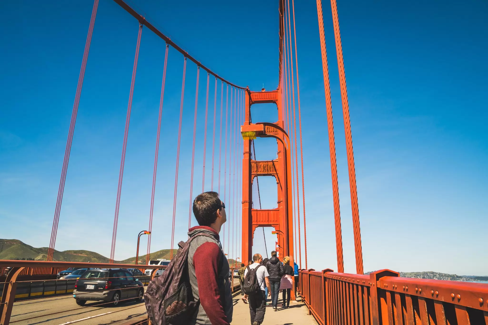 View from the Golden Gate Bridge on a sunny day with blue sky in San Francisco