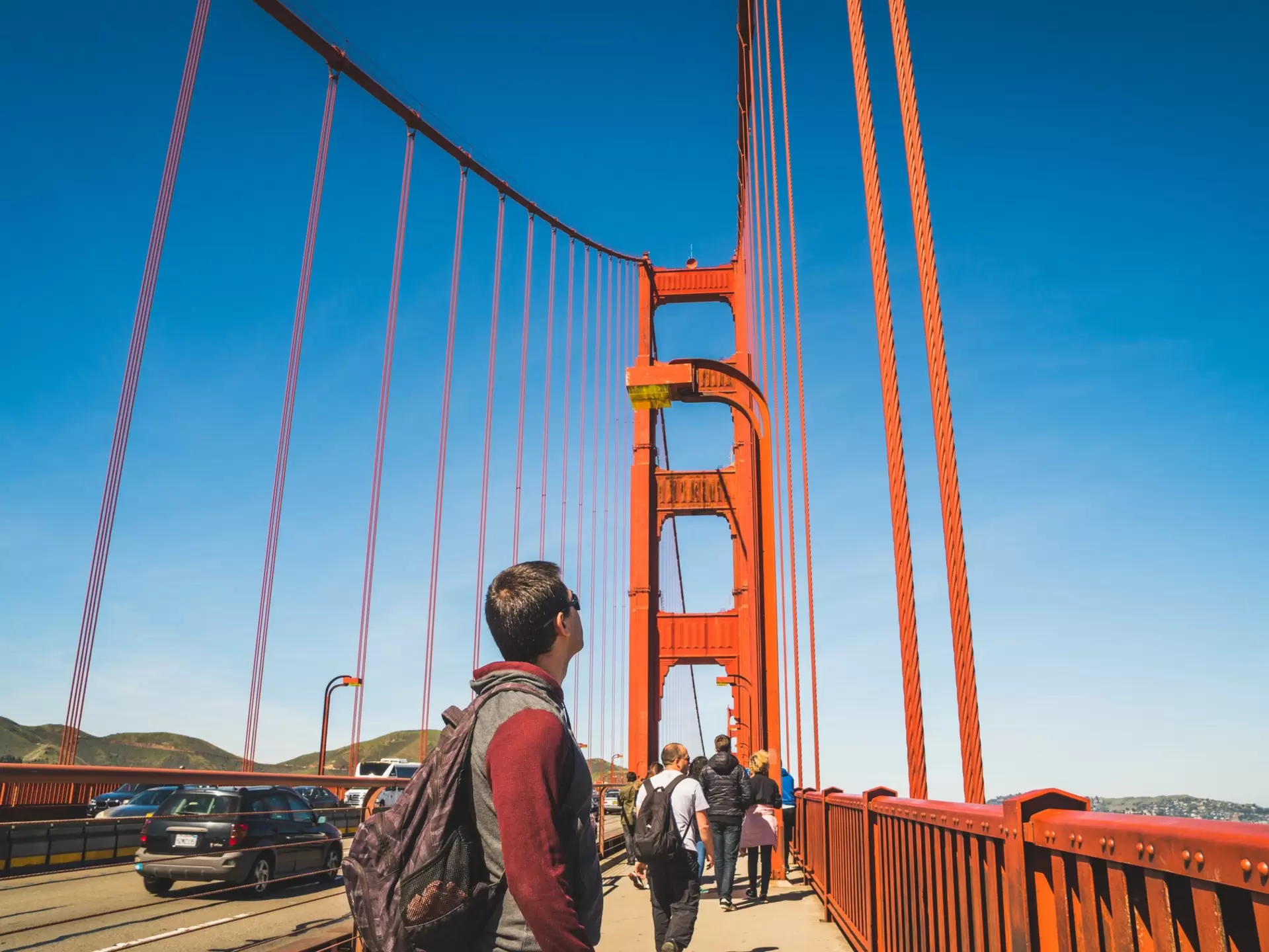 View from the Golden Gate Bridge on a sunny day with blue sky in San Francisco