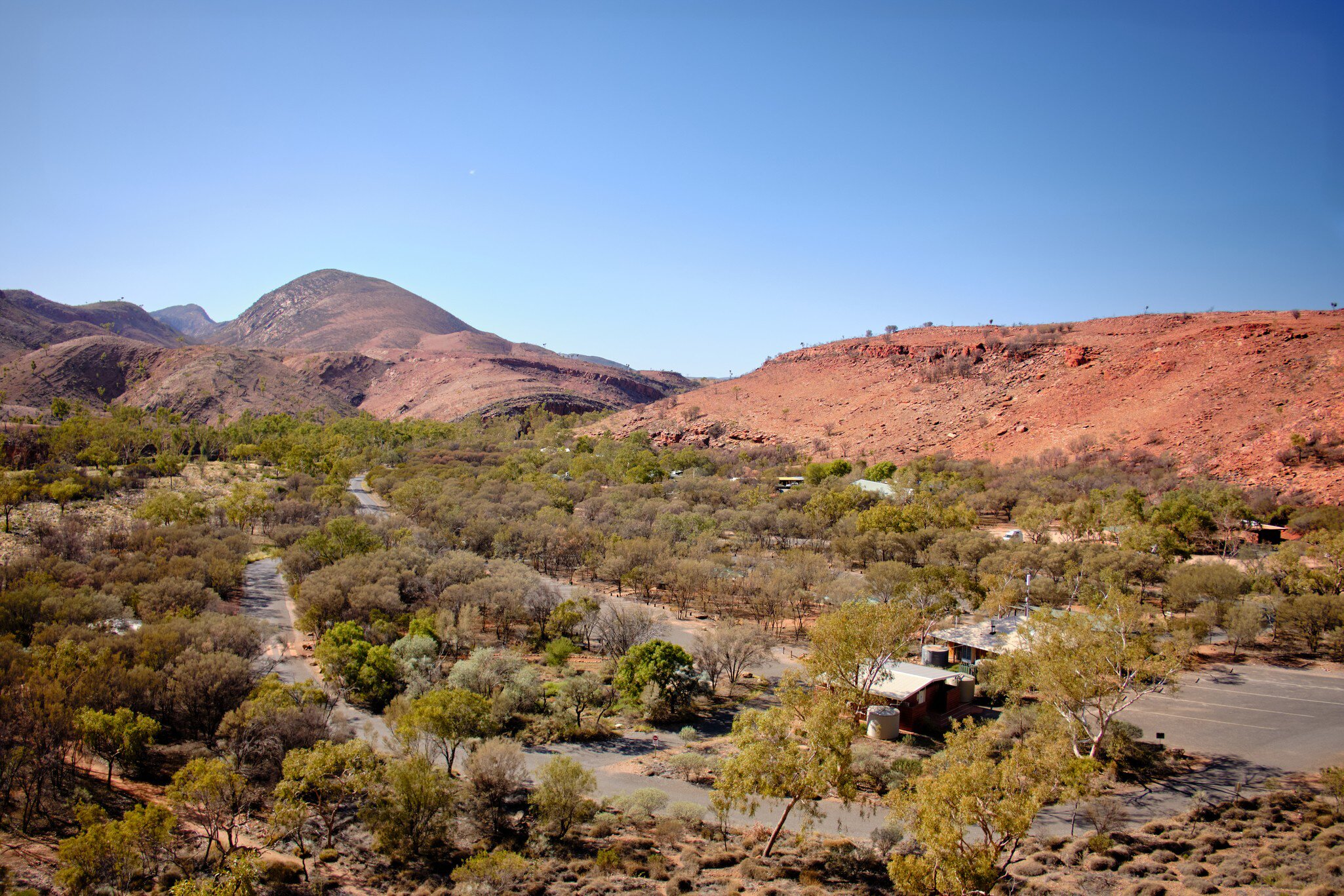 Panoramic view of the Ormiston Gorge: Tjoritja-West MacDonnell National Park camping area, Macdonnell ranges, Northern Territory NT, Australia, Oceania.