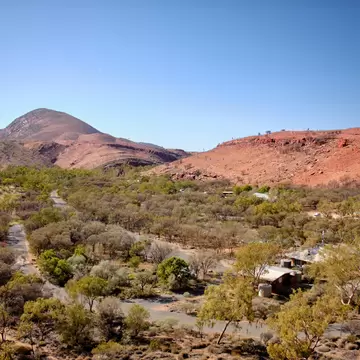 Panoramic view of the Ormiston Gorge: Tjoritja-West MacDonnell National Park camping area, Macdonnell ranges, Northern Territory NT, Australia, Oceania.