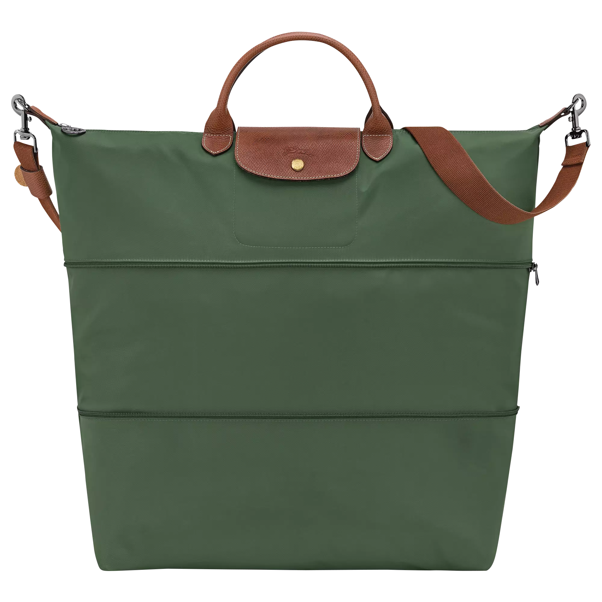A green bag with a brown leather handle and strap.