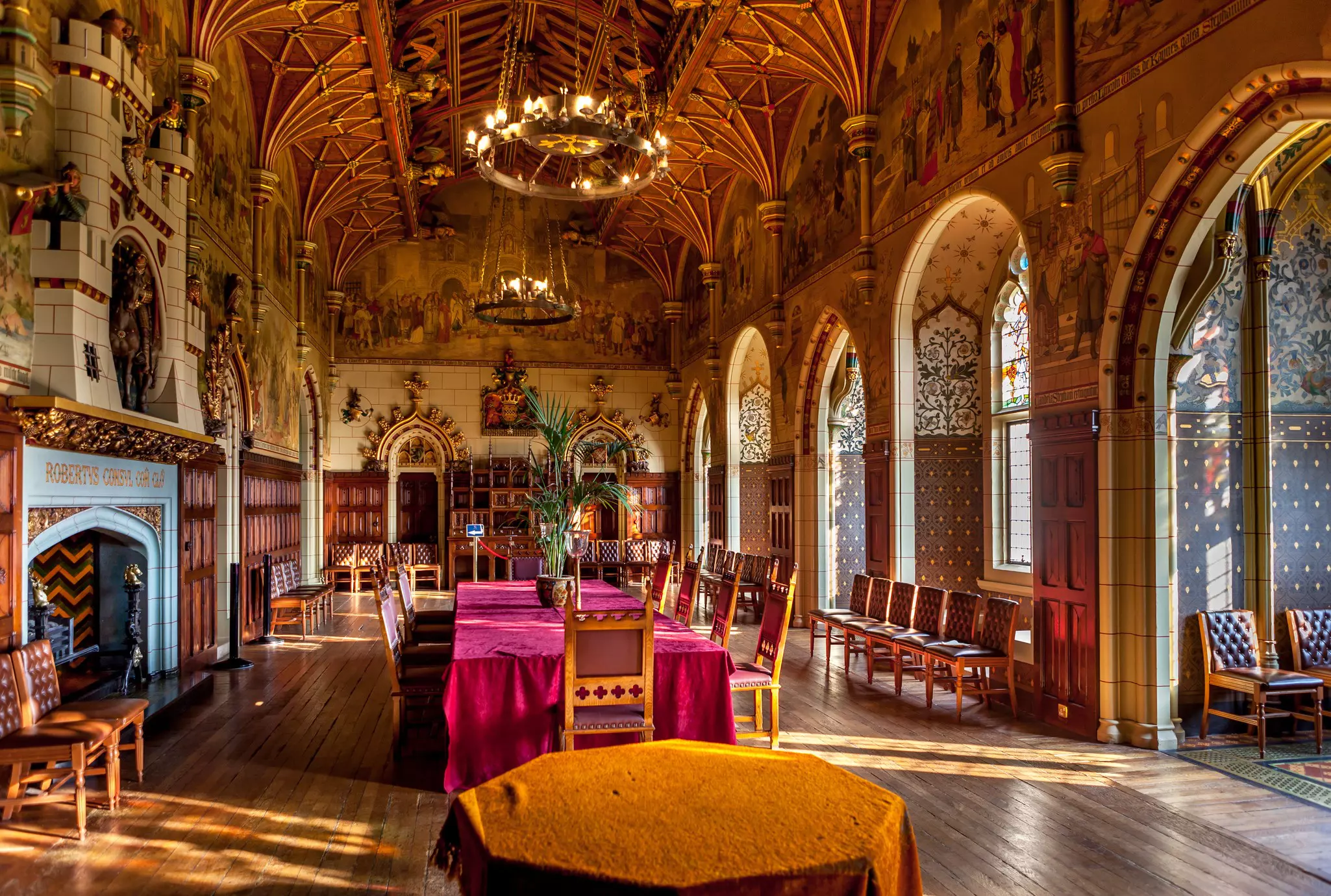 The lavishly decorated interior of a hall in Cardiff Castle in Wales.