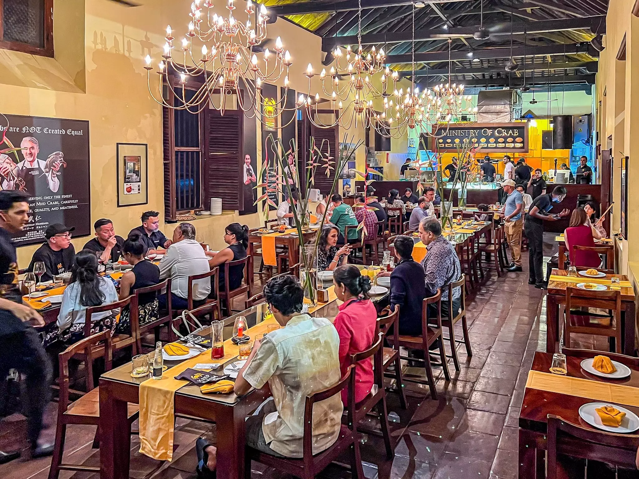 A busy restaurant packed with diners; the Ministry of Crab Restaurant in Colombo, Sri Lanka.