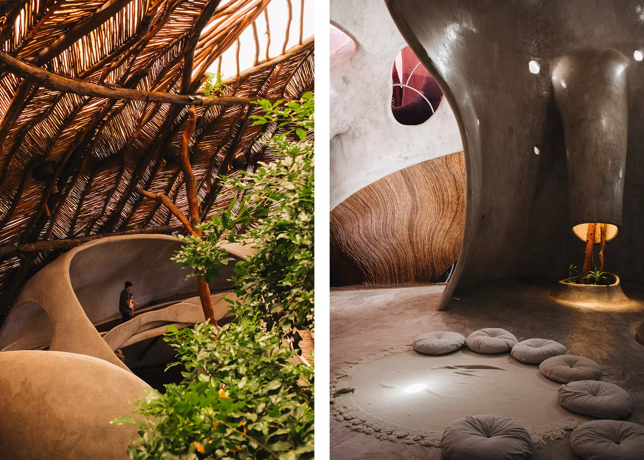 Left, a man holds a baby as he walks on a cement pathway surrounded by trees and a wood structure; right, a room in a cement building with small pillows on the floor