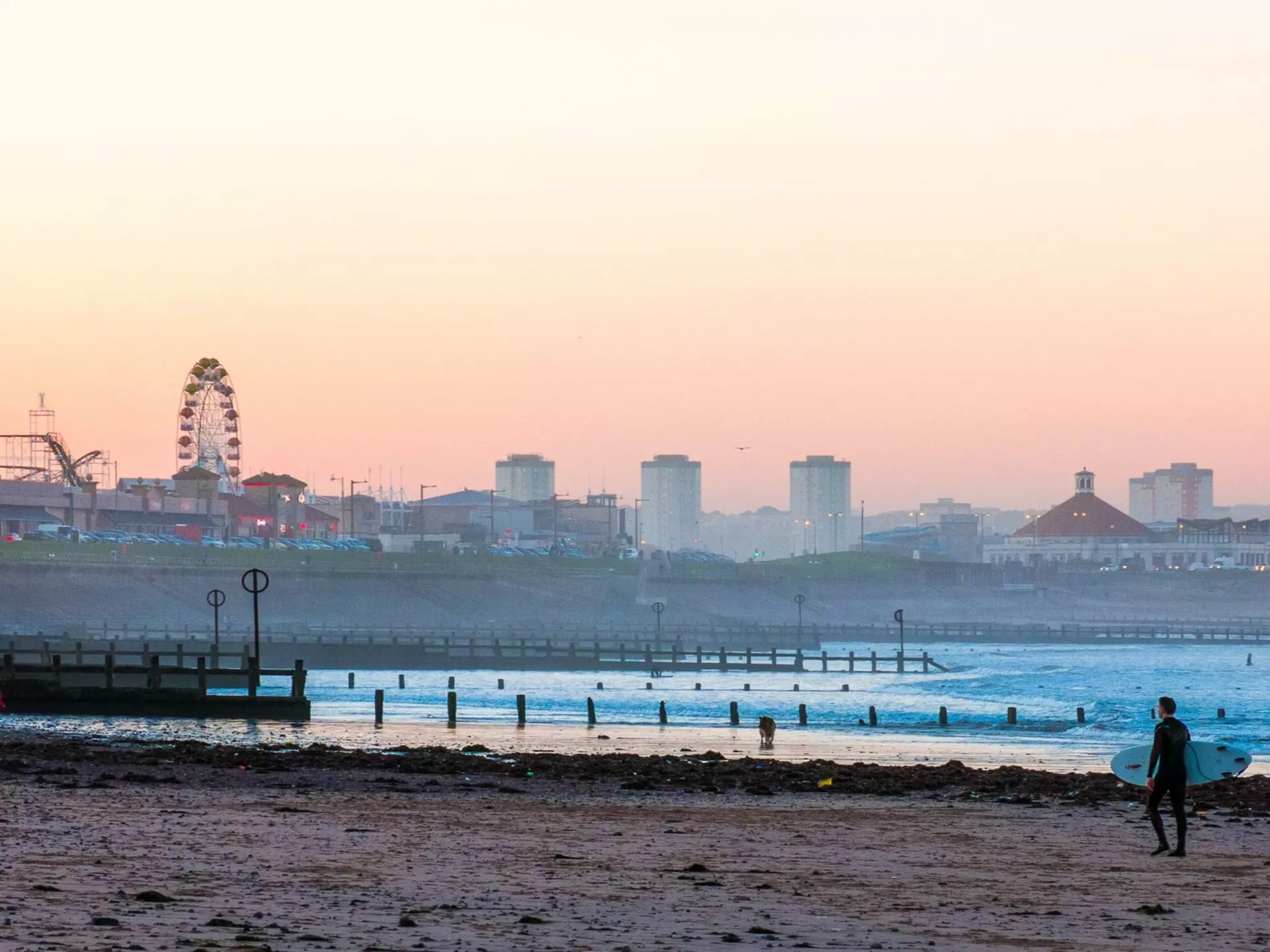 A man in silhouette carries a surfboard on a beach with a city skyline including a large Ferris wheel