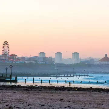 A man in silhouette carries a surfboard on a beach with a city skyline including a large Ferris wheel