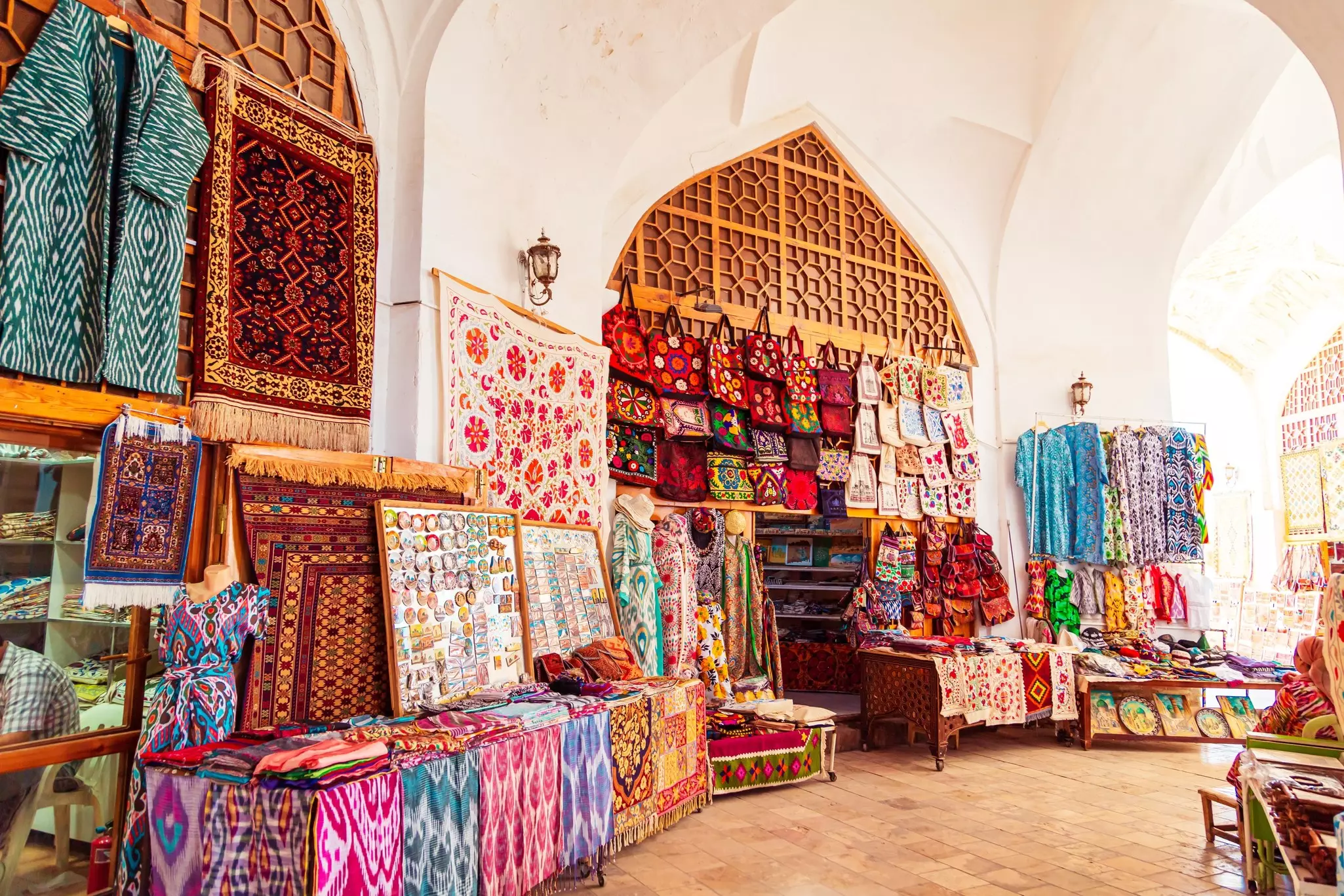 Textiles for sale in the market in Bukhara, Uzbekistan. 