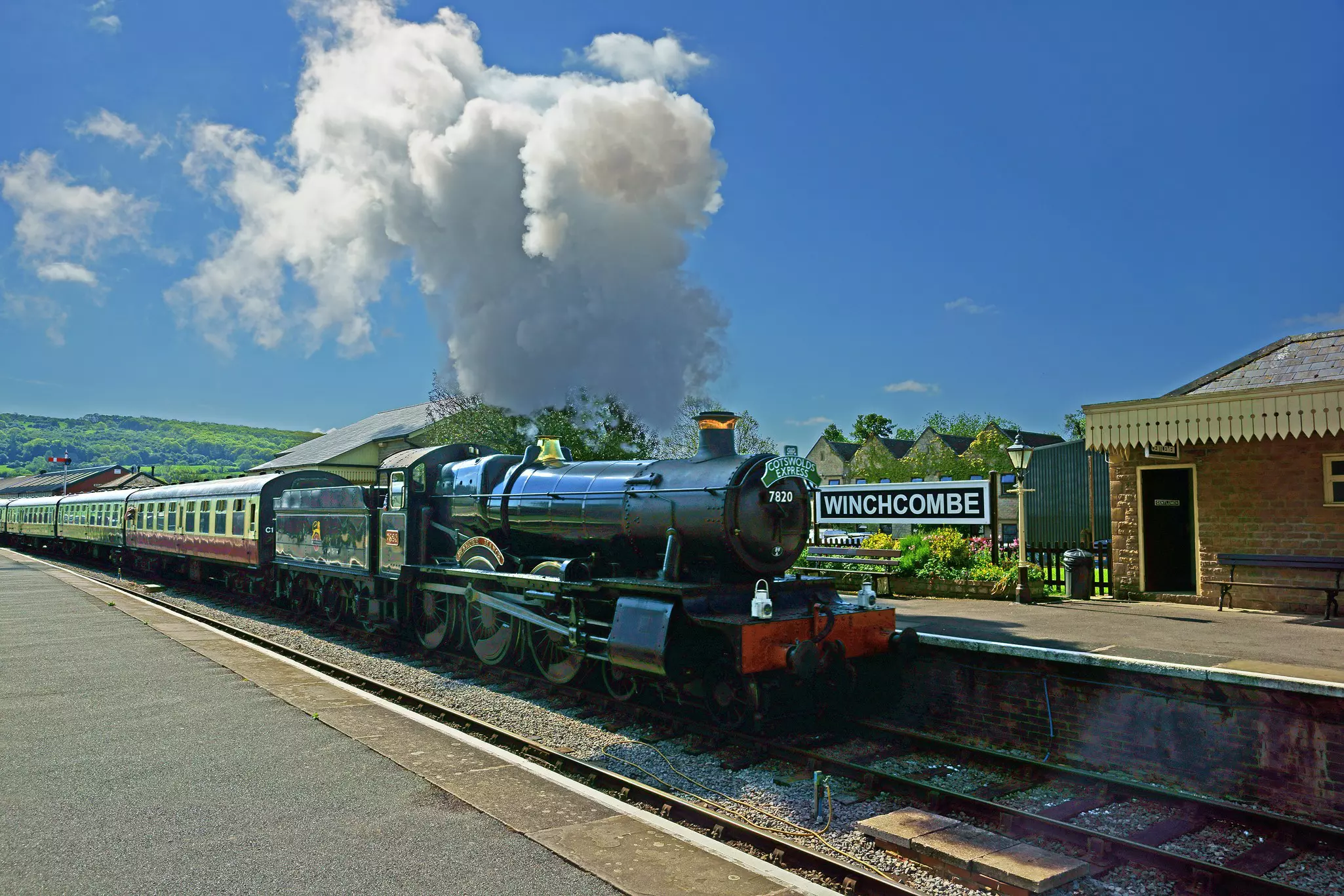Winchcombe, The Cotswolds, Gloucestershire, UK, May 21st, 2019,  Gloucestershire Warwickshire Steam Railway, the 7820, Dinmore Manor arrives at Winchcombe Station on its way to Cheltenham Race Course.