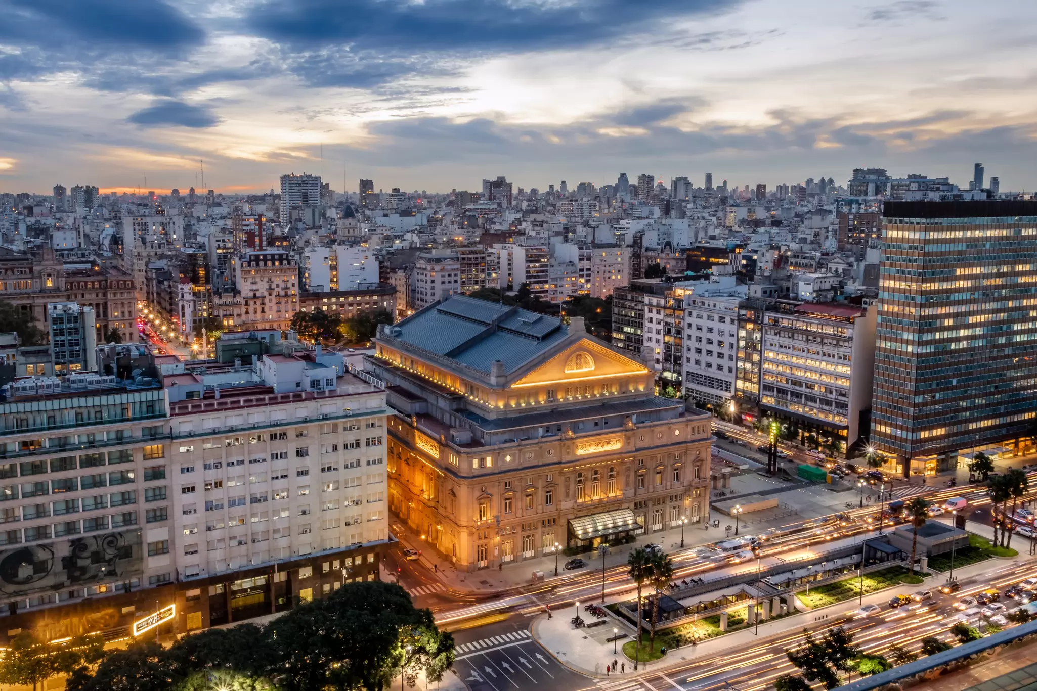 Aerial view of Teatro Colón at sunset in Buenos Aires, Argentina.