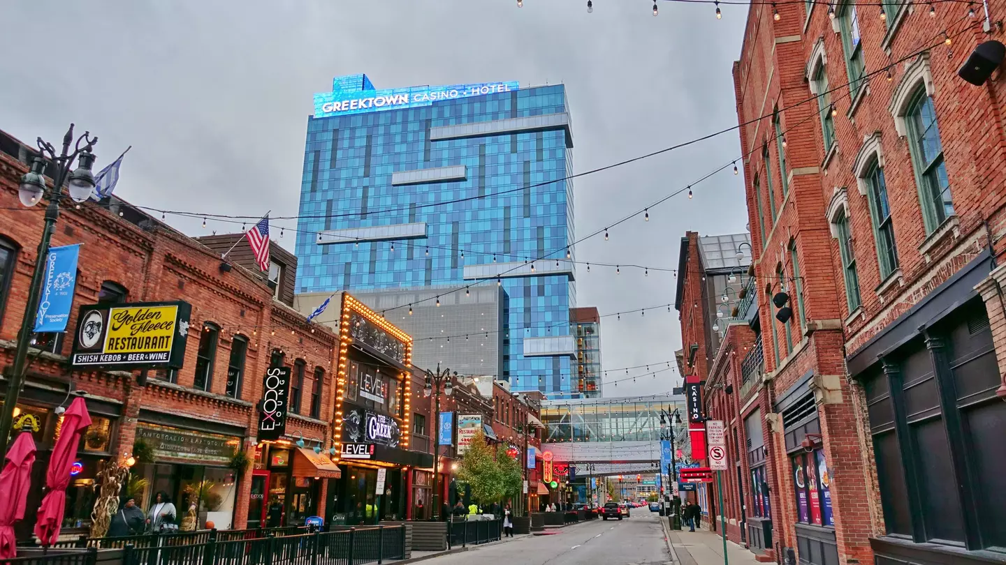 Storefronts in Greektown, a historic commercial and entertainment district in Detroit