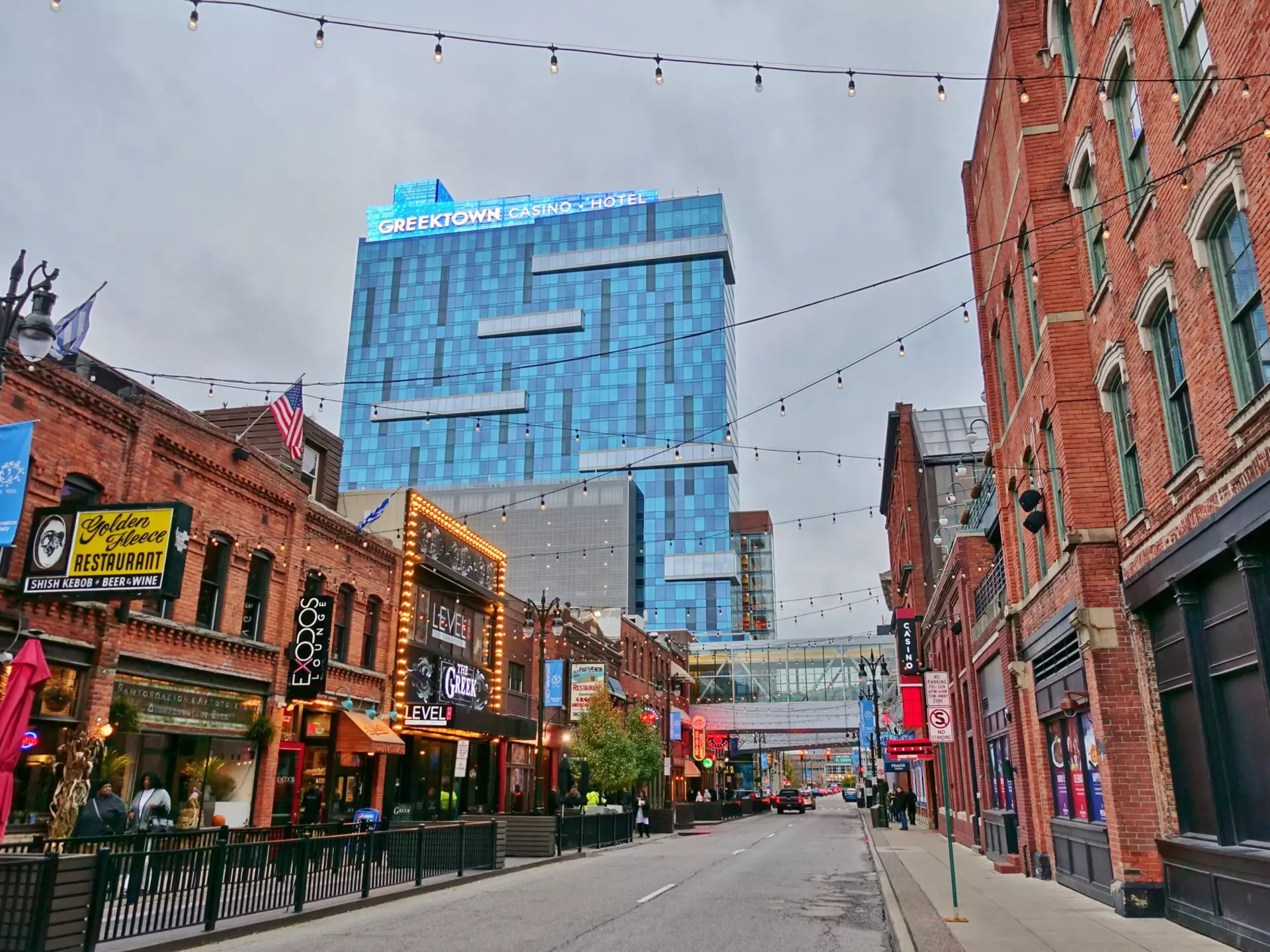 Storefronts in Greektown, a historic commercial and entertainment district in Detroit