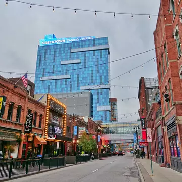 Storefronts in Greektown, a historic commercial and entertainment district in Detroit