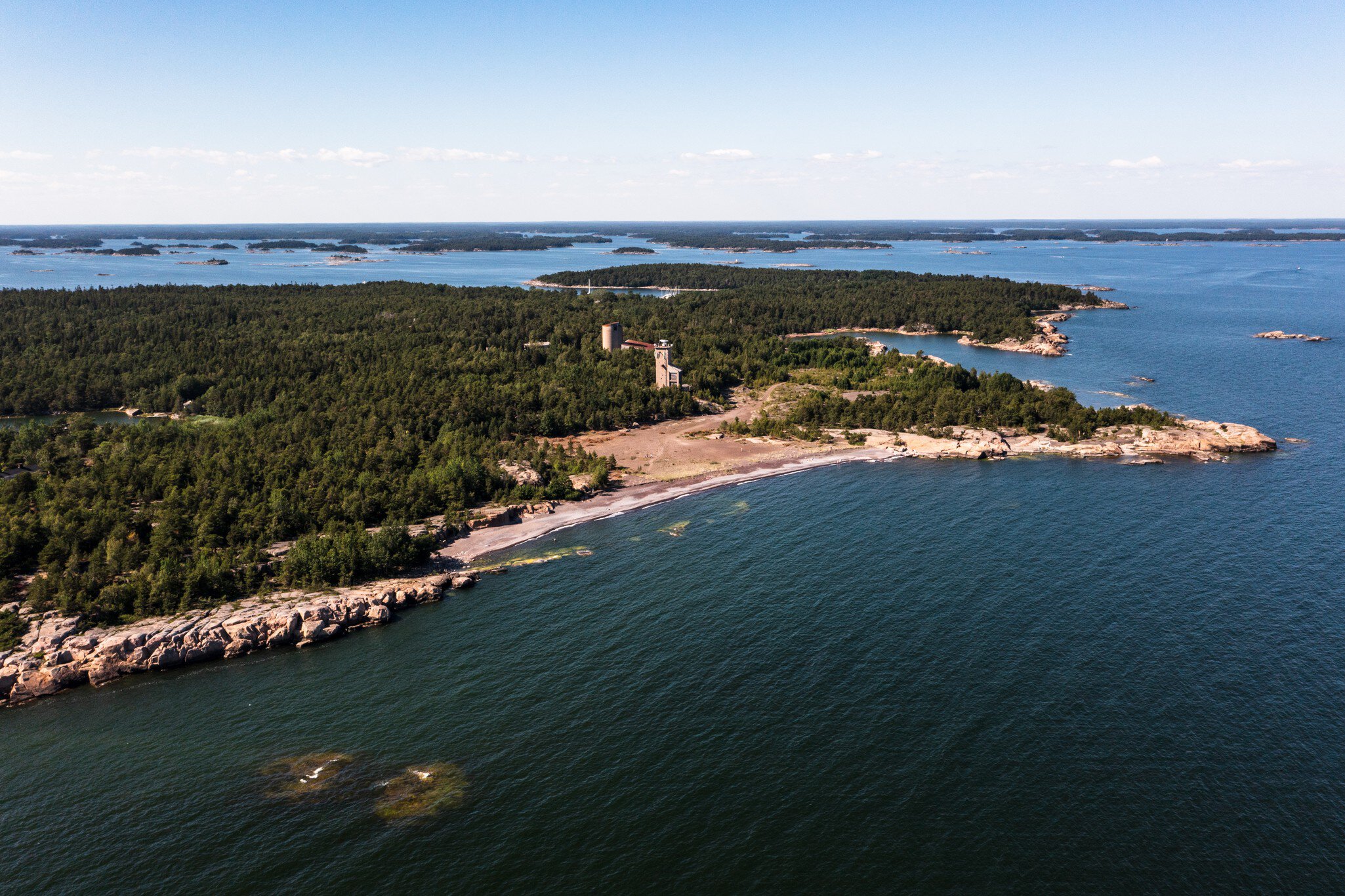 Aerial drone view of the Iron beach on the Jussaro island, in Ekenas archipelago national park, summer day, in Tammisaari, Uusimaa, Finland; Shutterstock ID 2020556156;