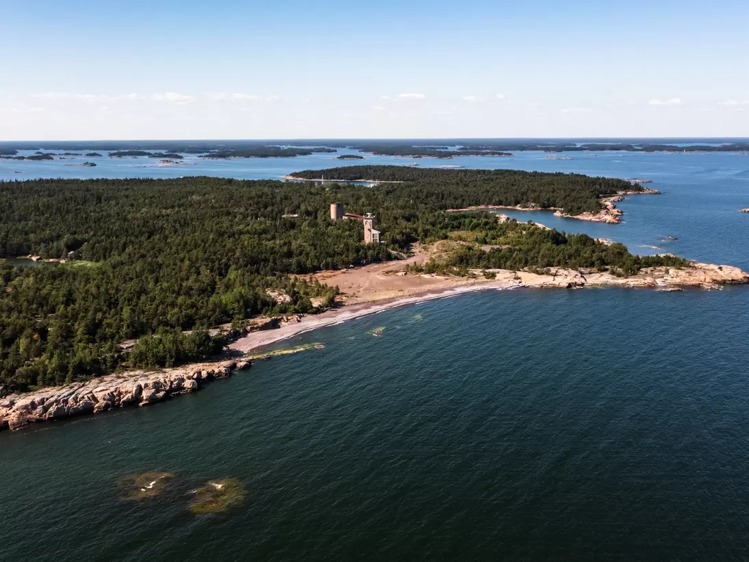 Aerial drone view of the Iron beach on the Jussaro island, in Ekenas archipelago national park, summer day, in Tammisaari, Uusimaa, Finland; Shutterstock ID 2020556156;