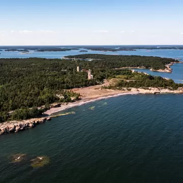Aerial drone view of the Iron beach on the Jussaro island, in Ekenas archipelago national park, summer day, in Tammisaari, Uusimaa, Finland; Shutterstock ID 2020556156;