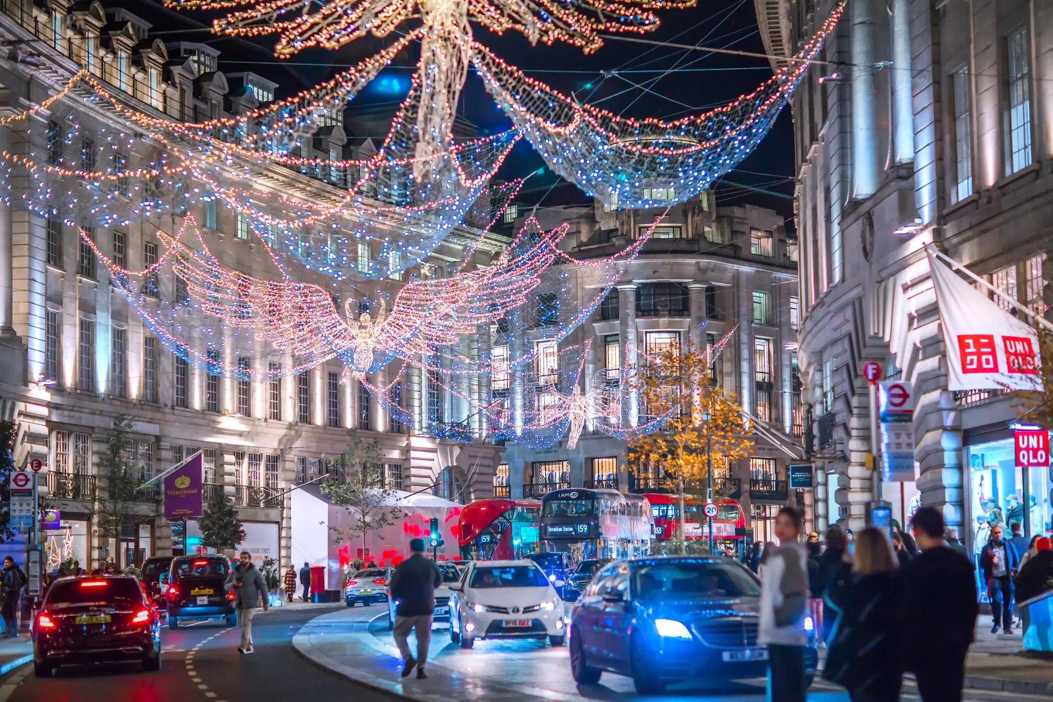 Festive decorations and Christmas lights at Regent street London