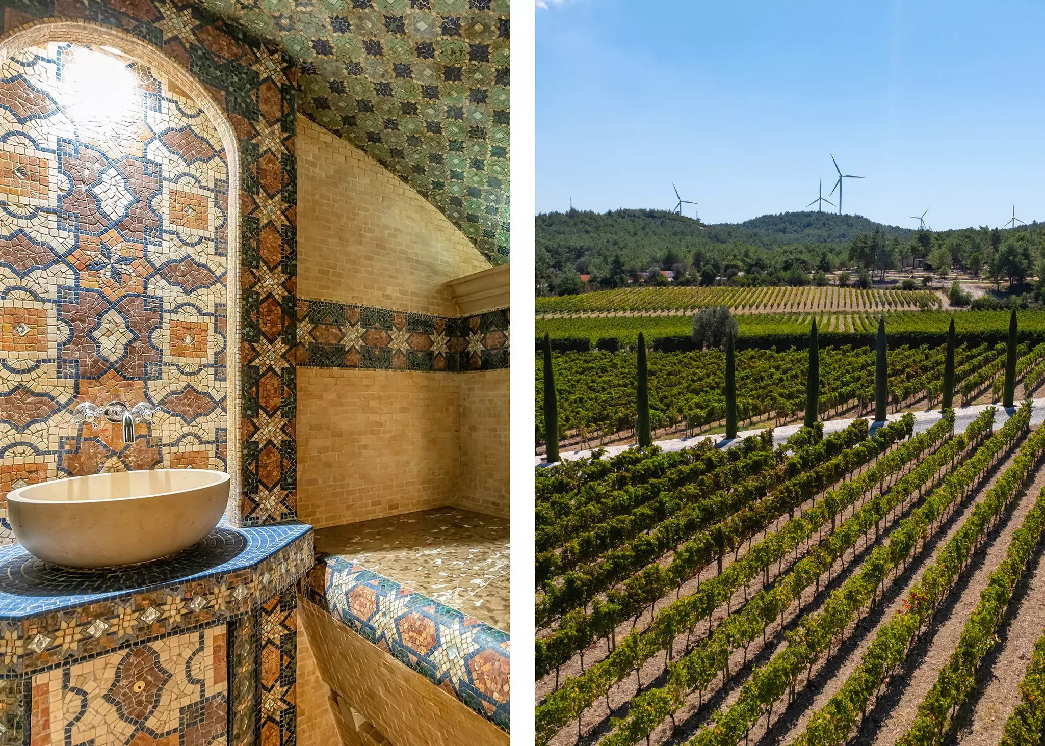 Left, details on a room in a traditional Turkish bath; right, arial shot of a vineyard