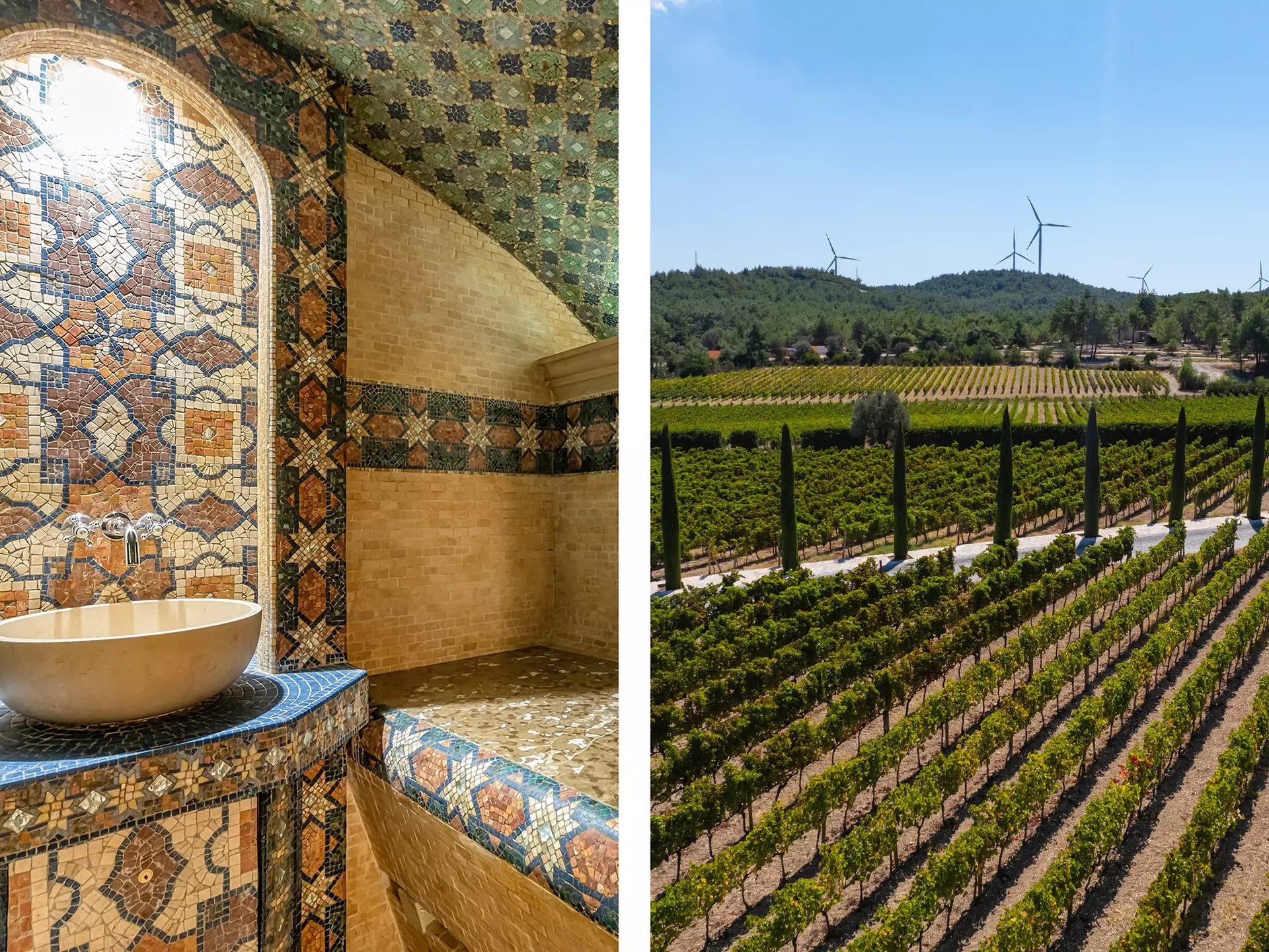 Left, details on a room in a traditional Turkish bath; right, arial shot of a vineyard